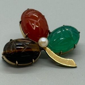 WRE Scarab Clover Brooch Carved Semi-Precious Stones 1/20 12kt Gold-Filled